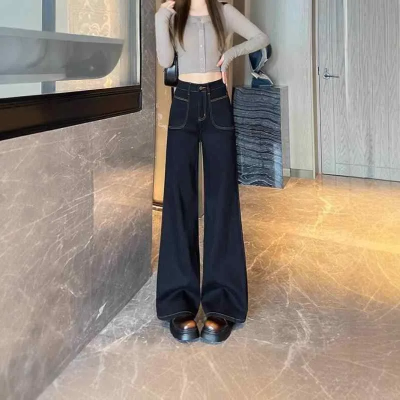 ワイドパンツ 女性用 春夏 秋冬 伸縮性 スリム効果 ゆったり ストレート デニム ブラック ゴールド コットン 再生繊維 軽量 普段使い 通勤 カジュアル ファッション トレンド スタイル ハイウエスト ロング丈