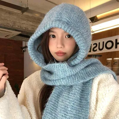 ニット帽子 レディース 冬用 耳あて付き スカーフ一体型 バラクラバスタイル ブルー 暖か 毛糸 保暖 ニット素材 フェイスカバー 防寒 ヘッドウェア