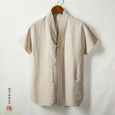 メンズ 夏 短袖 綿麻 シャツ ゆったり 大きめ 唐装 中式 スタイル 禅茶服 カジュアル リラックス 着用 通気性 良い 軽量 素材