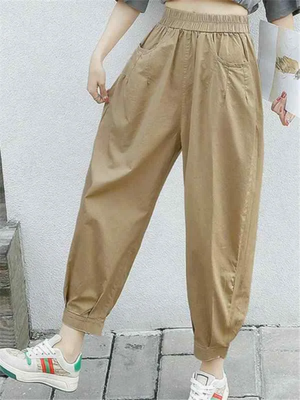 パンツ レディース 夏用 薄手 綿 ハイウエスト カジュアル 9分丈 パンツ 裾絞り ランタンシルエット ラディッシュ 普段使い 軽量 伸縮性