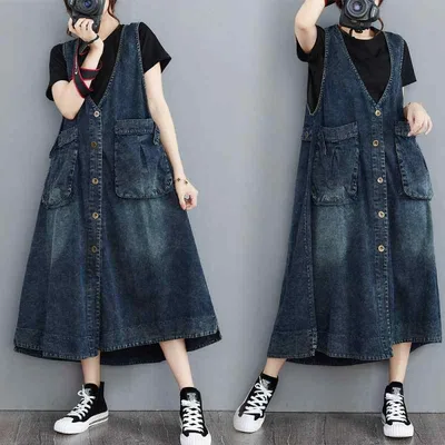 ワンピース 女性用 韓国 ビッグシルエット 中長丈 デニム 背心 スカート ワンピース ゆったり コットン 素材 軽量 伸縮性 普段使い カジュアル スタイル ブラック ブルー 春夏 秋