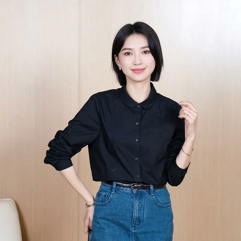 レディース シャツ トップス 通勤用 普段使い 春季 春夏 丸首 長袖 無地 シングルブレスト ボタン スリムフィット 韓国 綿素材 軽量 伸縮性 高級感 ブラック アイボリー ピンク系 ベーシックスタイル