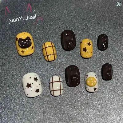 ネイルステッカー かわいい猫 手描き チェック柄 星 立体 グラデーション ジンジャーイエロー 貼り付け 簡単 セルフネイル アートシール ネイルパーツ 通年使用 女性用 日常使い