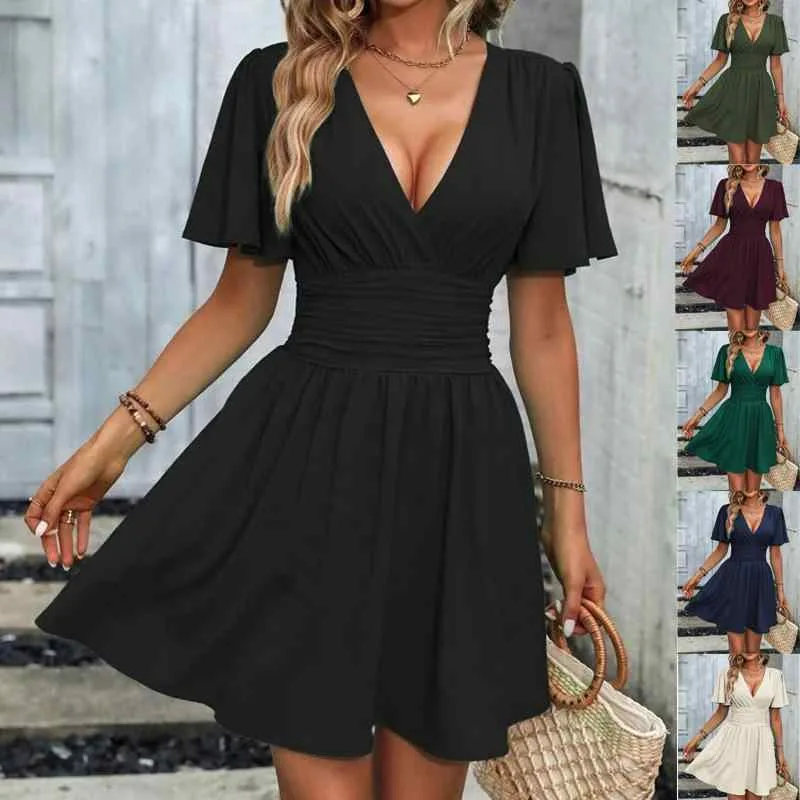 Dress for Women, Spring/Summer Fashion, Deep V Neck, Ruffled Sleeves, Gathered, Long Dress, Lightweight, Commuting, Everyday Use, Stretchy, Cotton Blend, Black, Pink, Ivory, Big Silhouette, Cool to the Touch, Moisture Absorbent, Quick Drying, Luxury, Casual Style