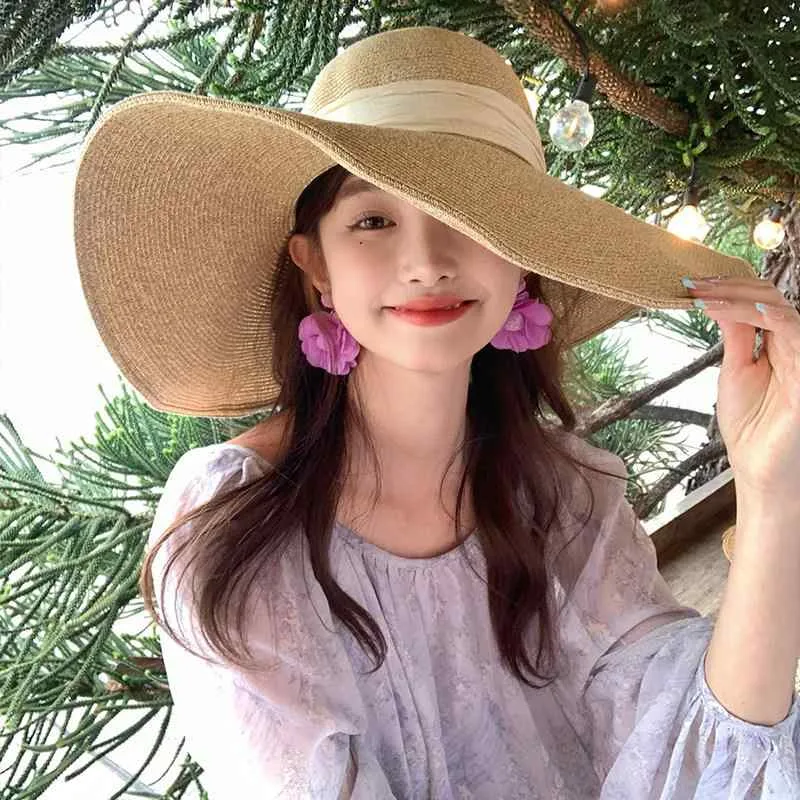 麦わら帽子 大つば UVカット ビーチ リゾート 夏用 ストロー 編み込み 軽量 通気性 女性用 防曬 遮陽 海辺 度假