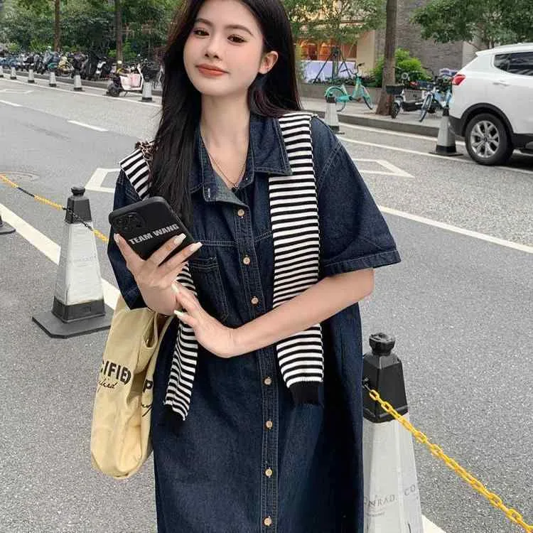 ワンピース 女性用 大きいサイズ デニム 夏用 ゆったり ロングドレス シャツタイプ お腹カバー スリムシルエット フィット 軽量 通勤 普段使い