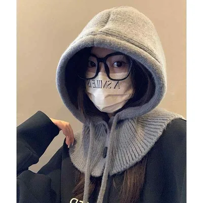 Women's Knit Hat, Winter Cold Protection, Balaclava with Ear Flaps, Integrated Muffler, Shawl, Warm, Knitted Material, Soft, Stretchy