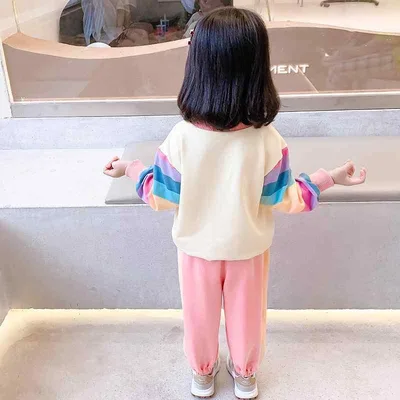 セットアップ 子供用 女の子 女児 キッズ ベビー 上下セット 春秋物 長袖 虹色 カラフル パーカー トレーナー トップス 長ズボン ロングパンツ かわいい おしゃれ カジュアル スポーツウェア 部屋着 通学 アウトドア 運動会 お出かけ着 着心地抜群