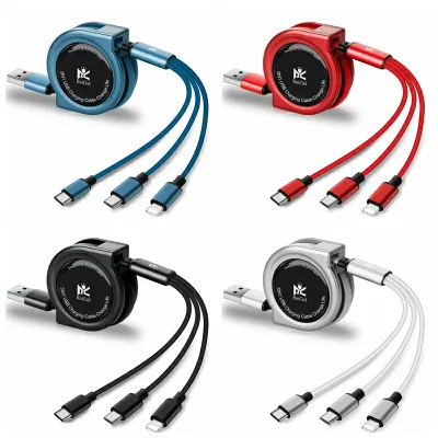RoiCiel 充電ケーブル 3in1 巻き取り iPhone 充電ケーブル ライトニングケーブル 3in1 充電ケーブル Type-C Micro USB 3A 急速充電 巻き取り式充電器 3台同時 1.2mスマホ Android iPad アイフォン アンドロイド 各種対応 リール式 マルチ 充電コード 携帯充電ケーブル
