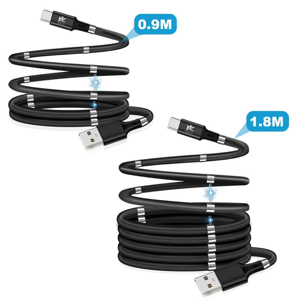 RoiCiel マグネット 充電ケーブル 磁気リング マグネット ケーブル 絡まない 磁気収納 形状記憶 USB ケーブル マグネット 充電ケーブル 巻き取り 持ち運び USB-A to Lightning USB-A to USB-C Type-C USB-A to Micro Micro-B選べる 急速充電 データ転送 スマホ 磁気 収納