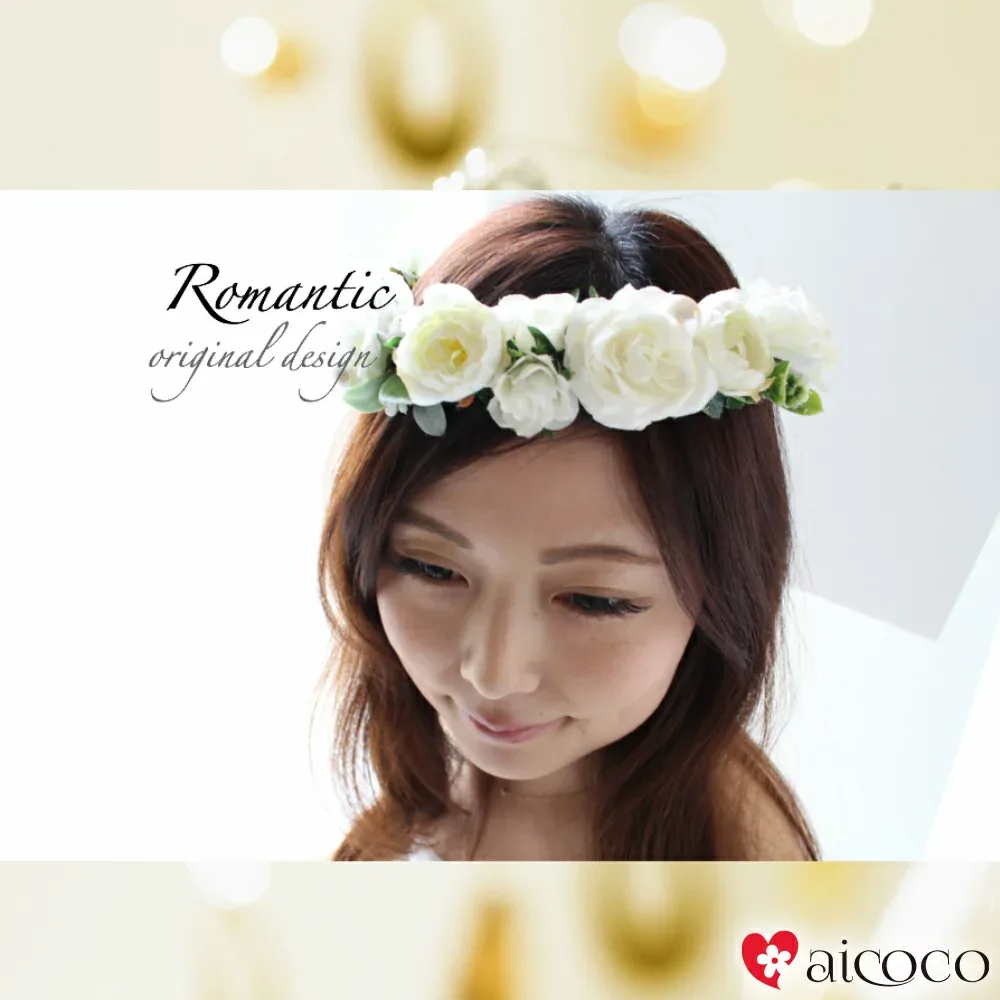 花かんむりの通販(白)が可愛い花冠 髪飾り(ヘアーコサージュ)フェス ヘッドドレス 白 ホワイト ウエディング カチューシャ チョーカー 花嫁 ヘアーアクセサリー ドレス花冠 _p1