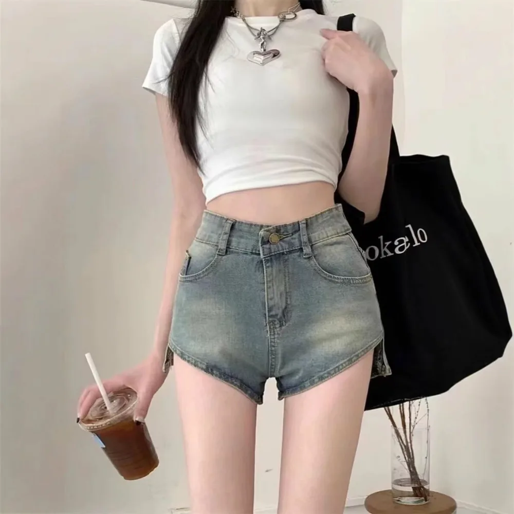 ショートパンツ レディース デニム ハイウエスト Aライン 美脚 脚長 ホットパンツ サイドスリット カジュアル ヴィンテージ風 短パン ボトムス 夏 スリム おしゃれ 着痩せ ヴィンテージブルー