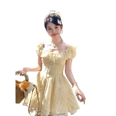 フレンチ ワンピース レディース レース フリル ミニ丈 スクエアネック春 夏 お呼ばれ パフスリーブ Aライン プリンセス ドレス 撮影用