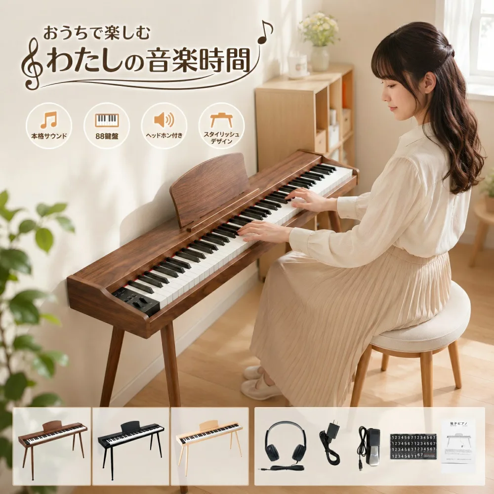Electronic Piano 88 Keyboard Stand, Wooden, with Pedal, Electronic Piano Set, Wooden Wood Grain, Electronic Piano with Stand, Piano Music Stand, Slim, Finger Force Sensing, MIDI Compatible, Lightweight, High Sound Quality, For Beginners, Practice, Children, Portable, Compact, Present, Back to School, 2 Year Warranty