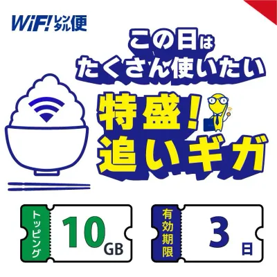 特盛追いギガ 10GB 【有効期限3日間/7日間/30日間】WiFiレンタル便 容量追加パック ポケットWiFi 国内専用 高速通信 旅行 出張 帰省 イベント 短期 長期 契約不要 安心オプション 事前チャージOK ギガ補充