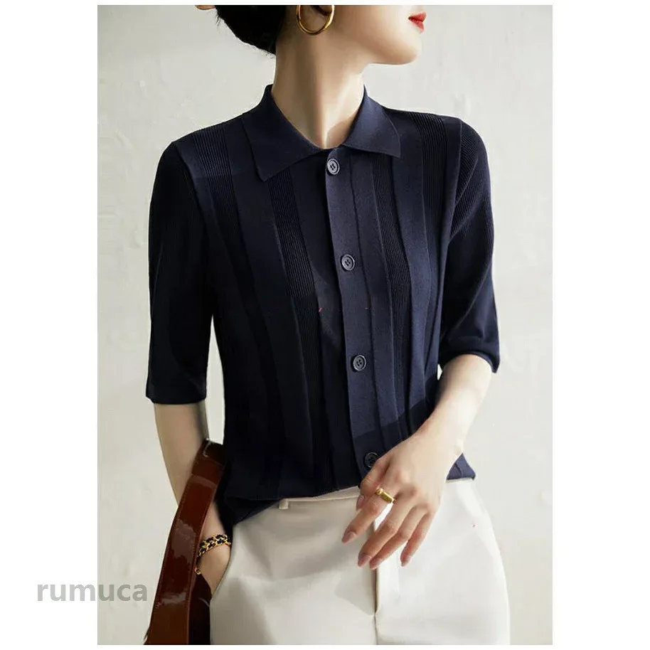 Tシャツ レディース 春夏 40代 五分袖 ニットトップス ポロ襟Tシャツ レションニット薄手 ゆったりカットソー おしゃれ 大人 カジュアル韓国風 50代 30代