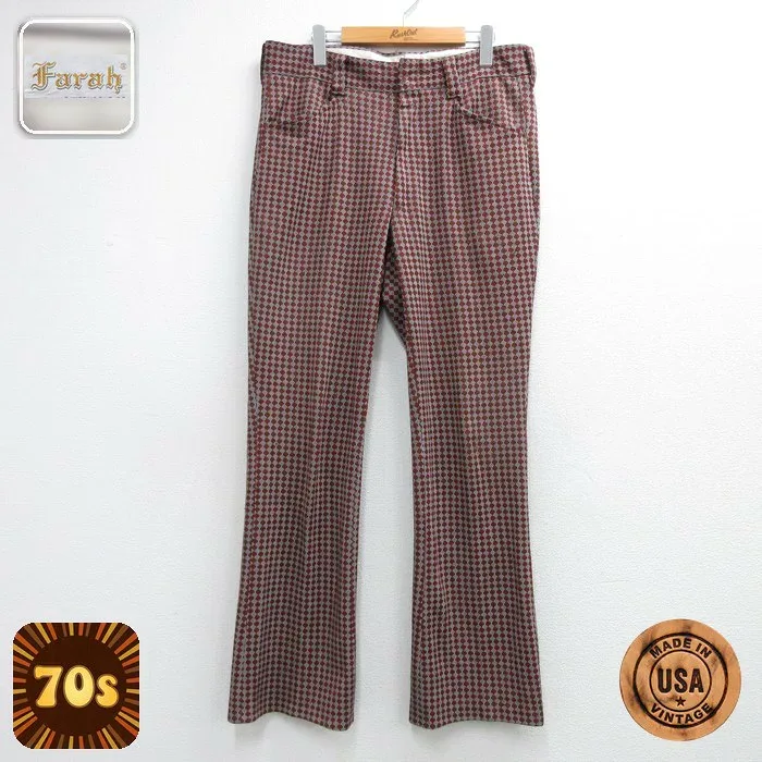 【中古】古着 Farah 70s フレアパンツ メンズ 総柄 USA製 レッド W35サイズ ヴィンテージ アメカジ ストリート カジュアル きれいめ レトロ オールド