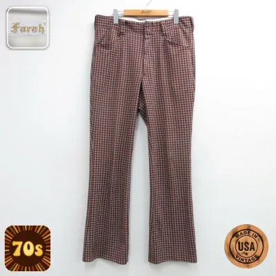 【中古】古着 Farah 70s フレアパンツ メンズ 総柄 USA製 レッド W35サイズ ヴィンテージ アメカジ ストリート カジュアル きれいめ レトロ オールド
