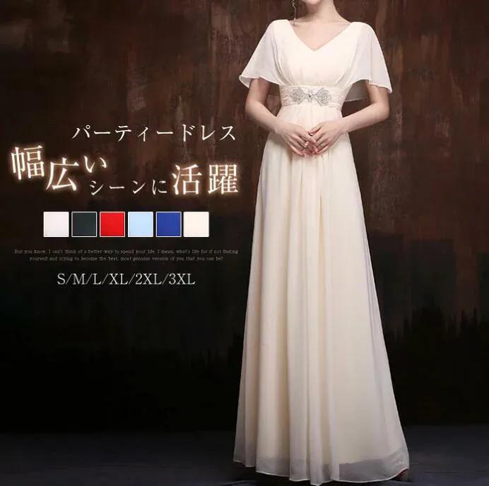 送料無料 半袖ワンピース Vネック エレガント ステージ衣装 セクシー 結婚式 ロング丈 イブニングドレス 卒業式 ウェディングドレス 二次会 披露宴 プリンセス 着痩 ロング丈ワンピース 司会 パーティードレス 舞台 Aライン 花嫁 ブライダル フォーマル ファスナー 黒 白