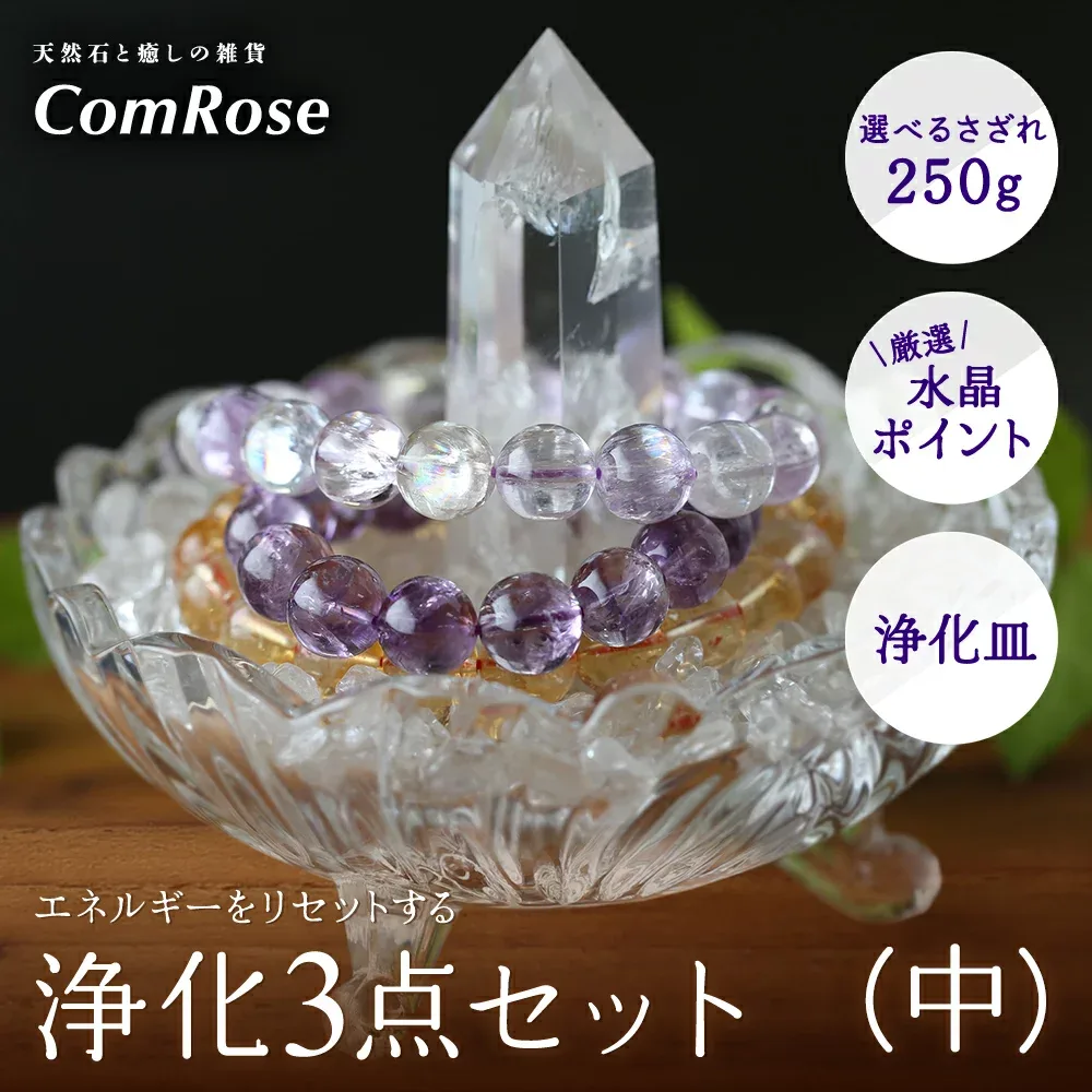 さざれ石 天然石 浄化セット (中) パワーストーン 浄化用 さざれセット (選べるさざれ石 水晶/ローズクォーツ/アメジスト 透明水晶ポイント 3本脚付きお皿) 【40-60g】【za-s】【inmy】 パワーストーン 天然石