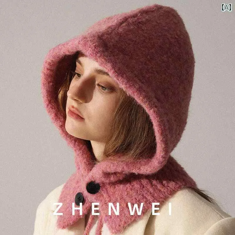 バラクラバ おしゃれ 帽子 女子 大きめの 頭囲の バラクラバ 帽子 冬用 女性用 ウール ラズベリーピンクの ネック カバー フード付き スカーフ