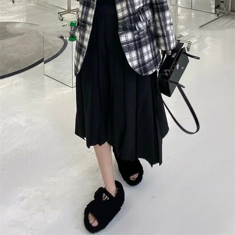 Women's Skirt, Autumn, Pleated, High Waist, Midi Length, Fuzzed Hem, Slim, Slender Look, Luxury, Flare, Silhouette, Casual, For Everyday Use, A-line