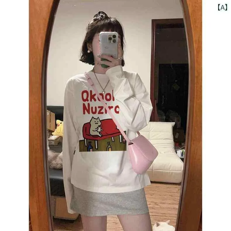 レディース 長袖 Tシャツ 白 コットン ゆったり ラウンドネック プルオーバー トップス 卡通プリント 秋 ミディアムロング 普段使い 柔らかい素材 伸縮性