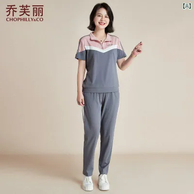 レディース カジュアル ウェア 中年 母親の 夏の スポーツウェア スーツ スタイリッシュな レディース 半袖 Tシャツ トップ ツーピース