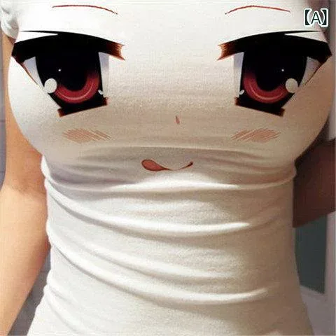 カップル ユニセックス ウェア 3 D 魅惑的 巨 乳と 大きい 目の 表情 パッケージ 女性 アンカー T 半袖 タイト スリムフィット ハイ ライト Tシャツ