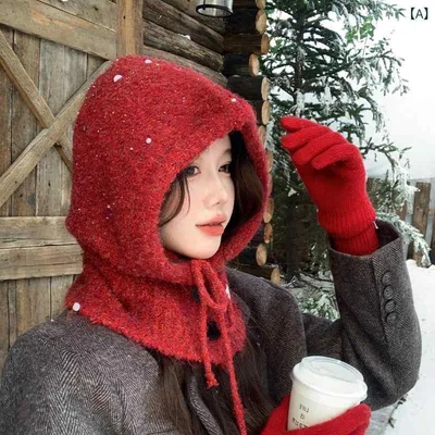 バラクラバ おしゃれ 帽子 女子 レッド バラクラバ ハット レディース 秋冬 暖かい プルオーバー イヤーマフ ニット ウール ネックウォーマー