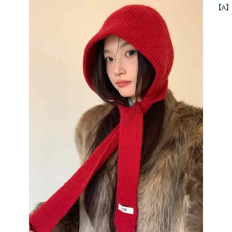 バラクラバ おしゃれ 帽子 女子 ウール クリスマス 新年の 赤い 帽子の スカーフが 一体 化した レディース 耳の 保護 暖かい 防寒 ヘッド バンド バラクラバが 含まれています