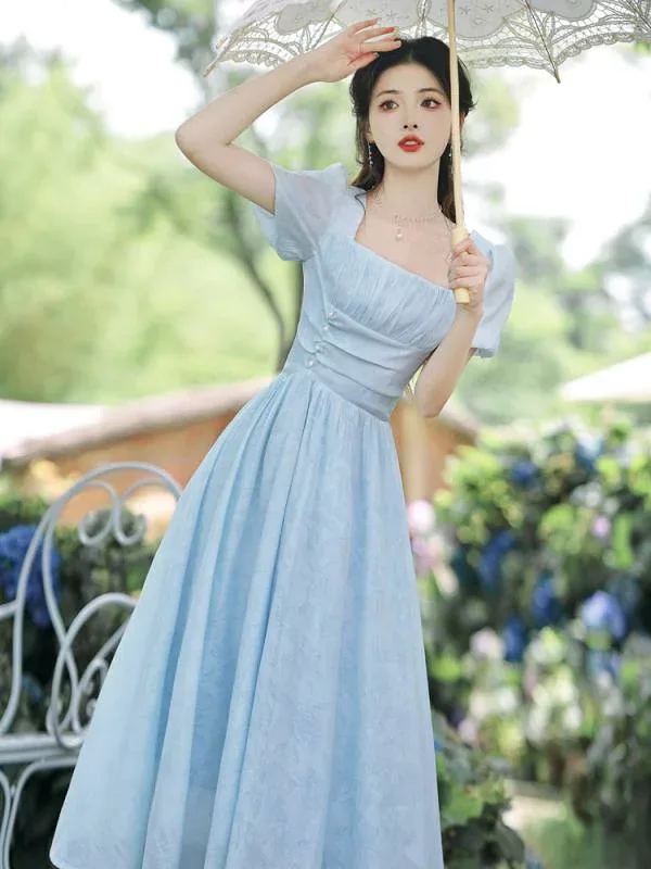 Dress, Women's, Spring/Summer, Blue Chiffon Dress, Long Length, Flare, Loose, Body Covering, Slimming, Fluffy, Light, Pretty, Classy, Elegant, Feminine, Adult, Cute, Luxurious, Transparent, Breathable, Soft, Date, Going Out, Girls' Night Out, Casual Use, Casual
