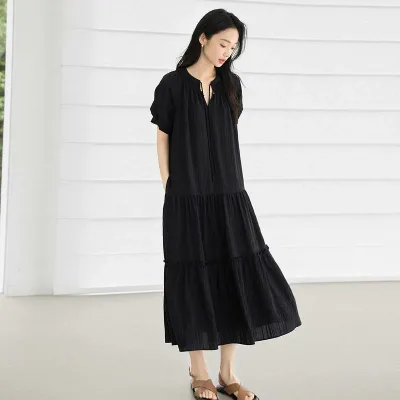 ワンピース レディース 春夏 再生繊維 パフスリーブ ドレス 系紐付き フレンチスタイル ゆったり 大きいサイズ 体型カバー 細見え 着痩せ お腹周り カバー 二の腕カバー かわいい おしゃれ 大人カジュアル 上品 爽やか 軽やか 普段使い デート用 お