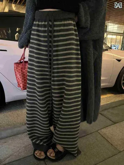 パンツ レディース ストライプ ストレート ワイドレッグ ニット 厚手 暖か ゆったり 快適 カジュアル 秋冬 普段使い 伸縮性