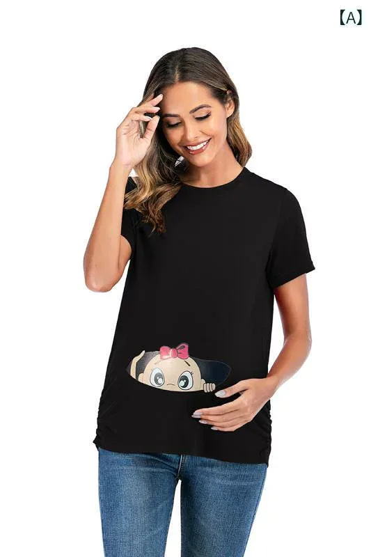 マタニティウェア レディース 半袖 トップス ラウンドネック プリント 柄物 妊婦服 産前 産後 ゆったり 大きいサイズ 体型カバー 着痩せ 部屋着 通勤用 お出かけ カジュアル ナチュラル シンプル 快適 軽量 伸縮性 柔らかい 肌触り コットンブレン