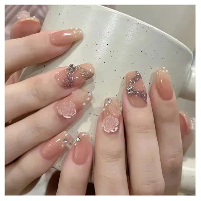 Lwenjing ネイルチップ ロング 24枚入 人気 和風 かわいい シンプル おしゃれ 花嫁ネイル 光沢 つけ爪 両面テープ 成人式 入学式 卒業式 結婚式 ネイルチップ(Z528)