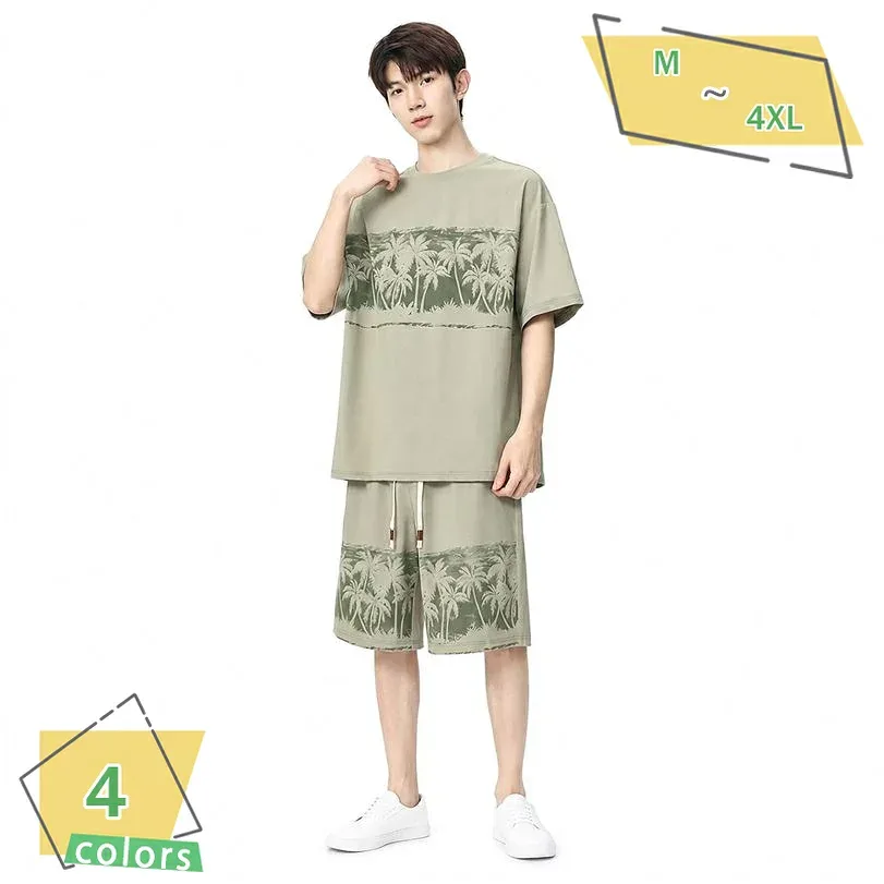 500円OFFクーポン セットアップ メンズ ゆったり 大きいサイズ 夏服 上下セット ドロップショルダー クルーネック トップス イージーパンツ アメカジ ストリート カジュアル レトロ ルーズ リゾート コーデ RaogtCYU