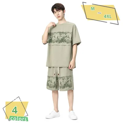 500円OFFクーポン セットアップ メンズ ゆったり 大きいサイズ 夏服 上下セット ドロップショルダー クルーネック トップス イージーパンツ アメカジ ストリート カジュアル レトロ ルーズ リゾート コーデ RaogtCYU