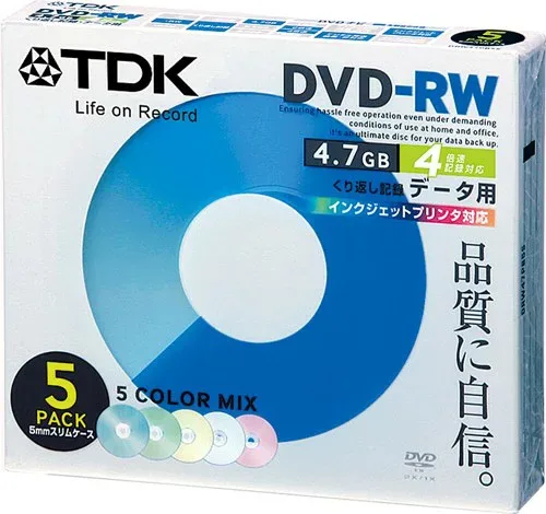 TDK データ用DVD-RW 4倍速対応 インクジェットプリンタ対応(カラーミックス) 5枚パック DRW47PMB5S