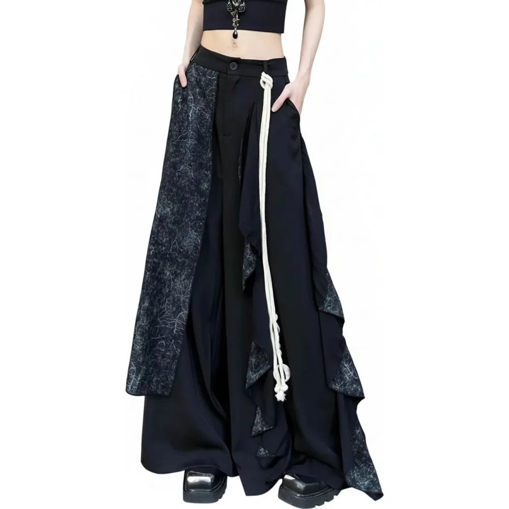 ワイドパンツ 袴パンツ モード系 アシンメトリー メンズ レディース 変形 レイヤード ロープベルト付き サルエルパンツ 舞台衣装 個性的 ブラック