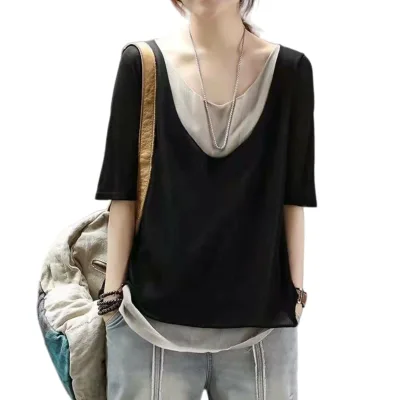 【重ね着風】 カットソー レディース tシャツ トップス 半袖 5分袖 フェイクレイヤード レイヤード風 重ね着 バイカラー 配色 Uネック Vネック ゆったり 大きめ 大きいサイズ 体型カバー 着痩せ 華奢見え 二の腕カバー 楽ちん カジュアル