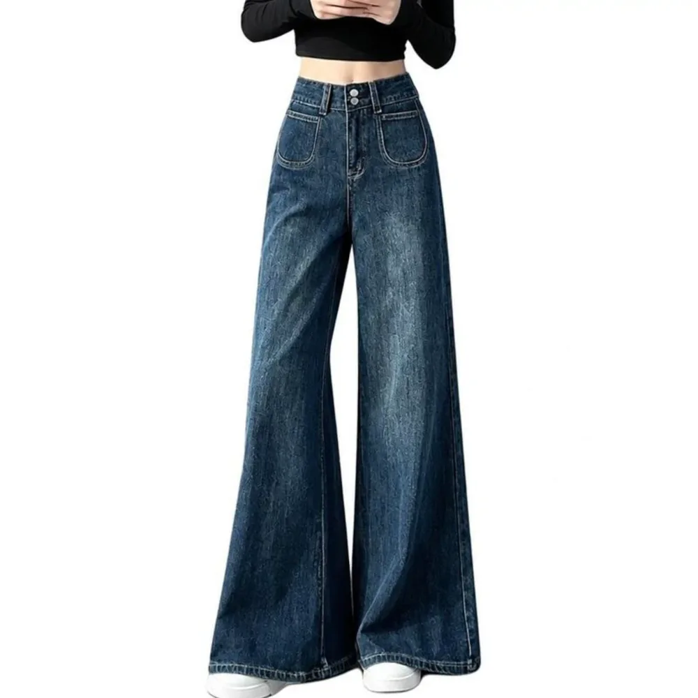 【ハイウエスト】 ワイドデニムパンツ レディース デニムパンツ バギーパンツ ジーンズ ジーパン ズボン ボトムス ロングパンツ ヴィンテージ風 パッチポケット ハイライズ ウエストマーク 着痩せ 脚長効果 体型カバー 細見え 美脚 カジュアル ゆったり 韓国風