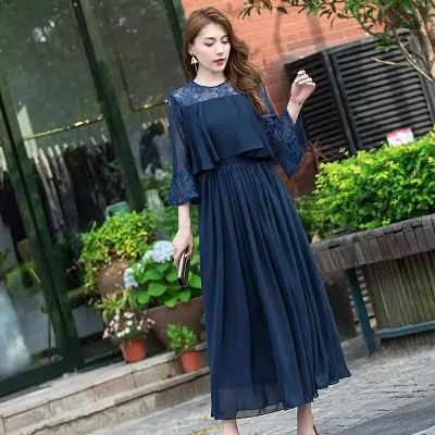 【全品5%ポイント】花柄レース プリーツ ロングドレス ブラック ネイビー ブルーグレー 結婚式 披露宴 二次会 お呼ばれ 演奏会 フォーマル パーティ ゆったり