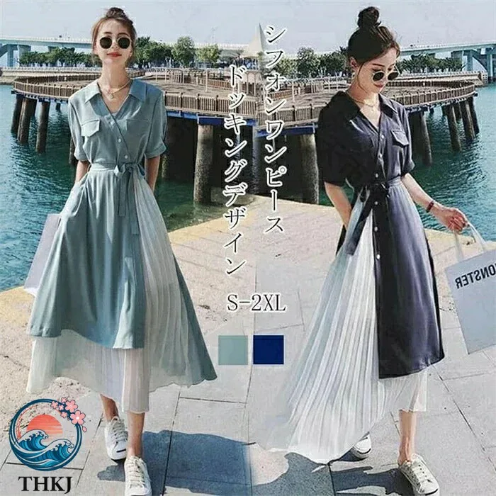 【全品5%ポイント】シャツワンピース レディース春夏半袖シフォンプリーツ A ラインフレアリボンロングミモレ丈体型カバー大人服