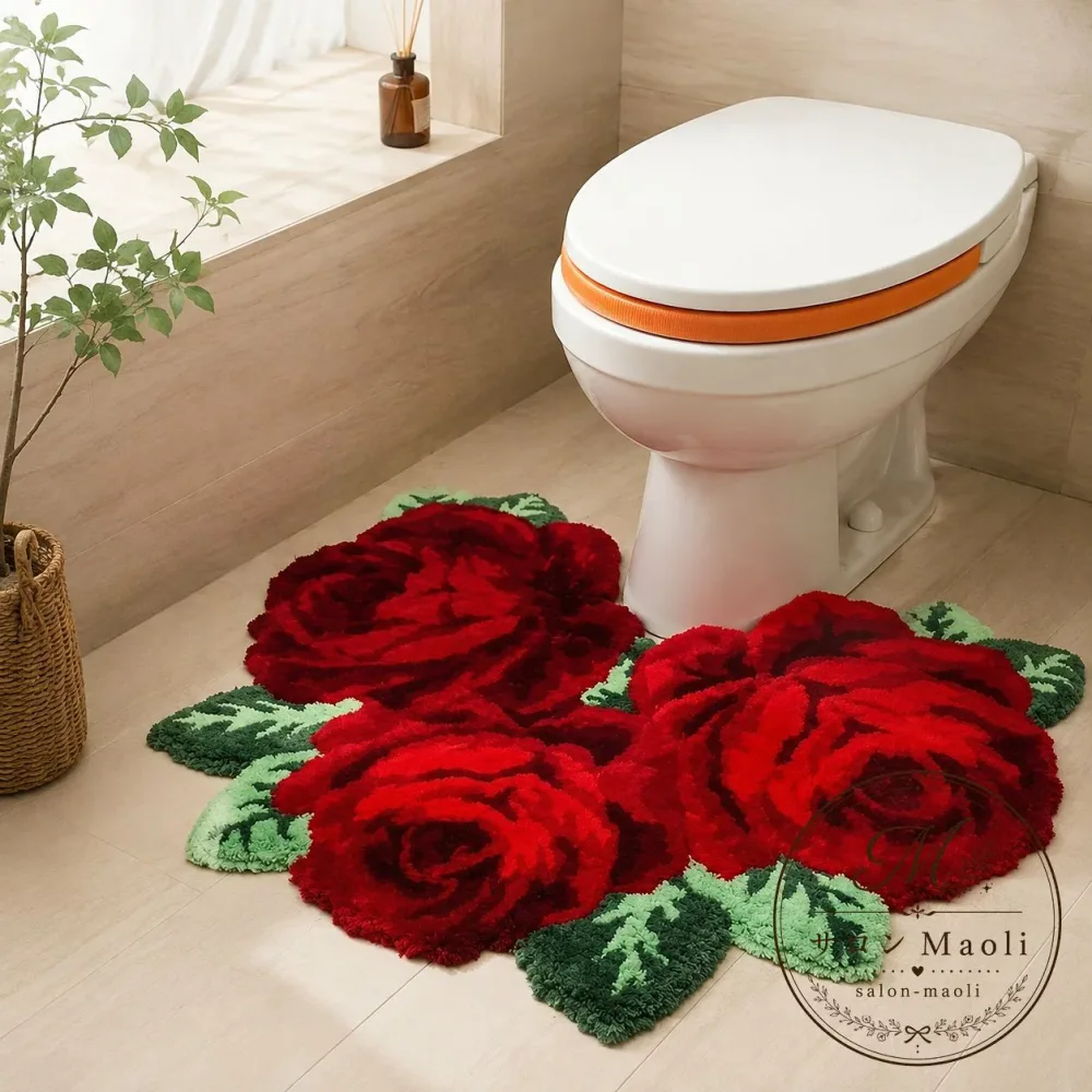 トイレマット 70×60cm ローズフラワー柄 ポリエステル製 やわらかな踏み心地 滑り止め加工付き レッド・ピンク 2色展開 洗濯対応 トイレ用フロアマット 便器前の足元マット 室内インテリア