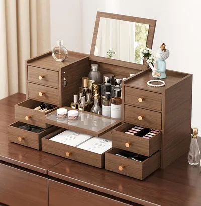 Cosmetic Storage Box, Wooden, with Mirror, Makeup Box, Portable, Cosmetic Container, Tabletop Storage Case, Cosmetic Storage, Makeup Storage, Large Capacity, Makeup Case