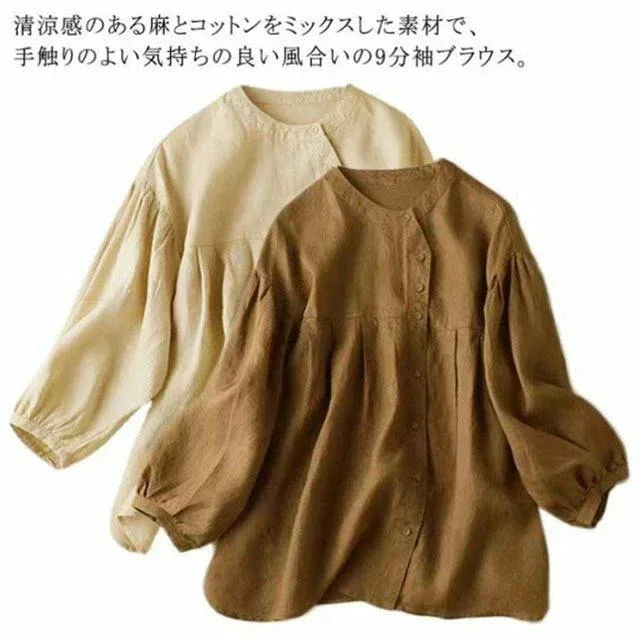 リネン 長袖 春 ゆったり 夏 体型カバー おしゃれ 薄手 Tシャツ カジュアル トップス 大きいサイズ 無地 半袖 レディース シャツ ナチュラル ボリューム袖 綿麻 ブラウス