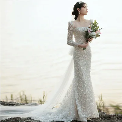 ウェディングドレス マーメイドドレス 白 ホワイト スパンコール 花柄 素敵 キレイめ 二次会ドレス 結婚式ドレス マーメイドライン トレーンドレス ウェディング 袖あり 長袖 花嫁ドレ
