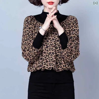 レディース トップス シャツ きれいめ 上品 マザーズ 春 花柄 ヒョウ柄 ハーフハイネック お腹カバー 若々しい スリム ハイエンド シック ママ向け プリント フレンチ 洗練 軽やか