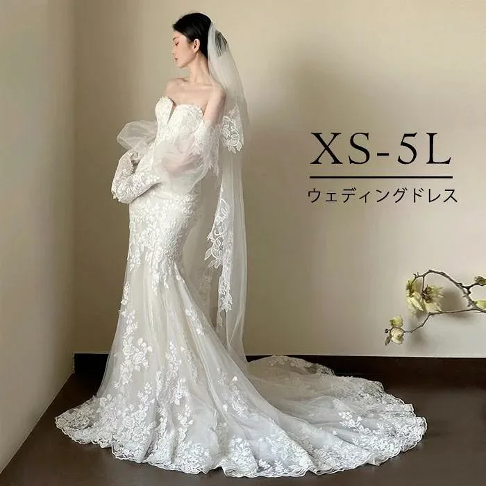 ウェディングドレス マーメイドライン オフショルダー レース刺繍 花嫁ドレス トレーン付き エレガント 上品 結婚式 披露宴 二次会 前撮り 後撮り パーティードレス ロングドレス ミモレ丈